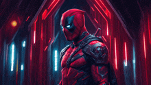 deadpool is standing in a hallway with red lights