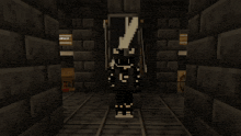 a screenshot of a video game shows a black and white character standing in a dark hallway
