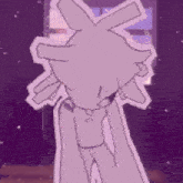 a cartoon character with a purple background is standing in front of a window with a purple sky in the background .