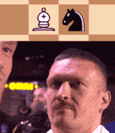 a man with a mustache looks at a chess board with a pawn and a horse on it