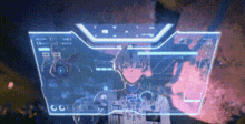 a woman is standing in front of a screen that says ' g ' on it .
