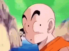 a close up of a cartoon character with a bald head and a beard .