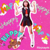 a picture of a girl with a teddy bear and the words happy