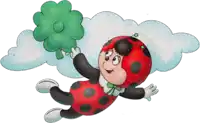 a ladybug is holding a green clover while flying through the air