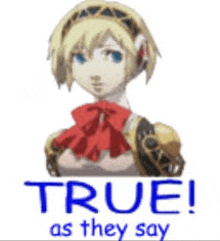 a picture of a girl with a red bow and the words true as they say .
