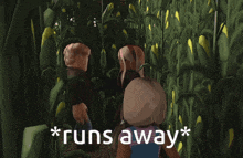 a video game character runs away in a cornfield