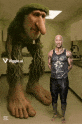 a man standing next to a statue of a troll with the words viggle.ai written on the bottom