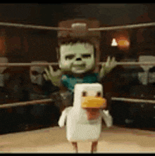 a cartoon character is riding on the back of a chicken .