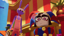 a purple rabbit and a jester are standing next to each other in front of a colorful background