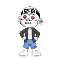 a cartoon character is wearing a jacket and shorts with the word zhou on the side