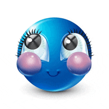 a blue smiley face with big eyes and a bubble in its mouth
