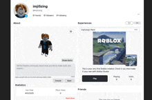 a screenshot of a roblox account with a picture of a person