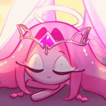 a pink cartoon character with wings and a tiara on her head is sleeping .