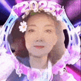 a woman wearing a flower crown with the number 2025 on it