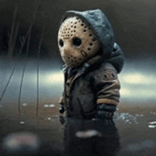 a child wearing a jason voorhees mask and a hooded jacket .