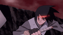 a man with red eyes is holding a sword in his hand
