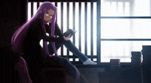 a girl with long purple hair is sitting on a window sill reading a book