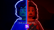 a blue and red cartoon character with the words le 28 mai sur l' appli okoo