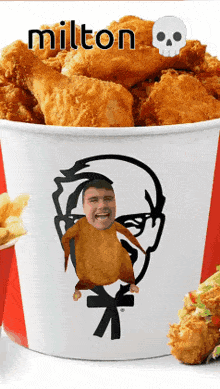 a bucket of fried chicken has a picture of a man in a chicken costume