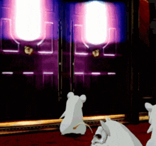 two white mice are standing in front of a door