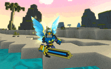 a robot with wings is holding a large sword in a video game