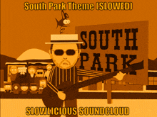 a cartoon of a man playing a bass guitar in front of a south park sign
