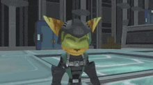 a cartoon character is standing in a room wearing a black hat and a green and yellow outfit .