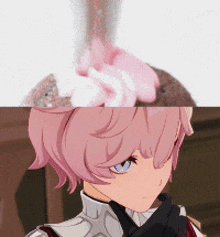a girl with pink hair and blue eyes is wearing a black bow tie
