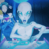 a cartoon of an alien playing a video game with a woman behind him