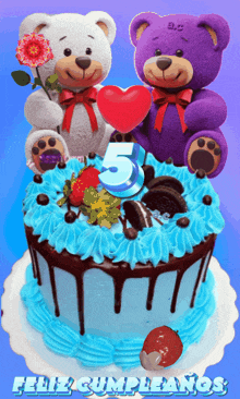 a birthday cake with two teddy bears and the number 5
