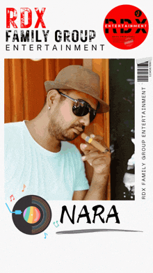 a poster for rdx family group entertainment shows a man smoking a cigar and wearing sunglasses