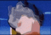 a close up of a cartoon character 's face with a blue sky in the background .