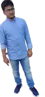a man wearing glasses and a blue shirt is standing on a white background