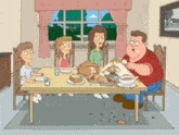 a cartoon of a family sitting around a table eating