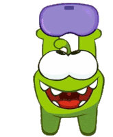 a green cartoon character with a purple object on his head .