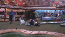 a group of people are sitting around a pool in front of a building that says colors hd on it