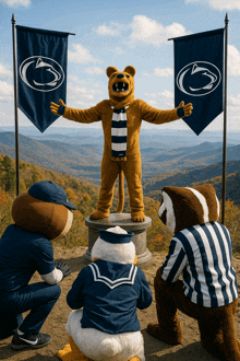 a lion mascot stands on a pedestal surrounded by mascots