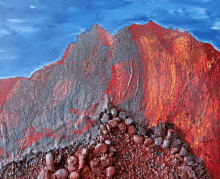 a painting of a mountain with red rocks and a blue sky in the background