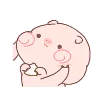 a cartoon pig is holding a piece of food in its hand .