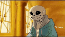 a cartoon skeleton is smiling in front of a window while wearing a blue jacket .