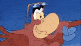 a close up of a cartoon character with glasses looking at another character .