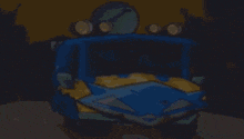 a blue and yellow cartoon vehicle with a satellite dish on top of it .