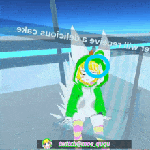a girl in a green hoodie is standing in front of a sign that says twitch @ moe_ququ