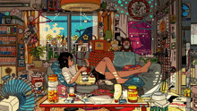 a cartoon of a girl laying on a couch with a jar of oreos
