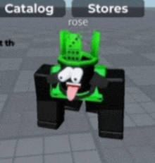 a green robot with a tongue sticking out is standing on a tiled floor .