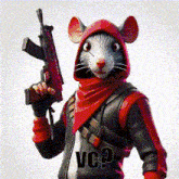 a rat wearing a red hoodie is holding a gun