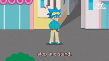 a cartoon character says do not move stay very still in front of a scooter