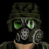 a pixel art of a soldier wearing a gas mask and helmet .