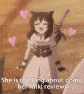 a girl with a cat ear and a sword is thinking about doing her anki reviews