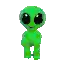 a pixel art of a purple alien with big black eyes standing on a white background .